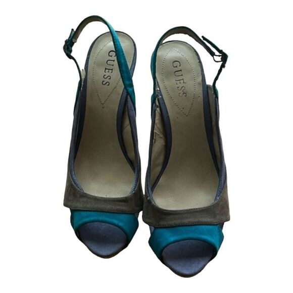Guess Suede Multicolor Blue Gray Purple  Slingback Cork Heel Shoes  Sandals  8.5 - Picture 2 of 12